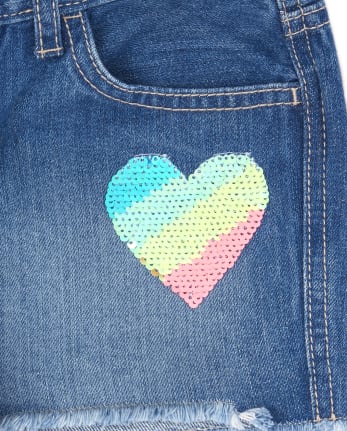Girls Flip Sequin Rainbow Heart Denim Shortie Shorts