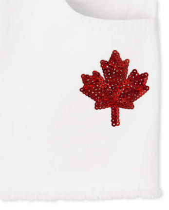 Girls Canada Day Maple Leaf Denim Shortie Shorts - WHITE