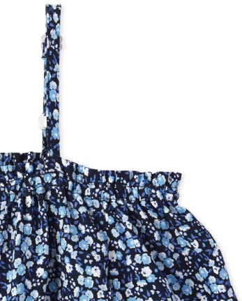 Girls Print Off Shoulder Top And Ruffle Shorts Set