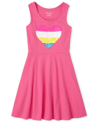Girls Flip Sequin Rainbow Heart Racerback Tank Dress