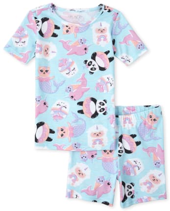 Girls Short Sleeve Dessert Panda And Narwhal Squishies Print Snug Fit Cotton Pajamas BLUE The Children s Place