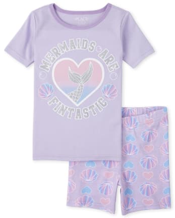 Pijama de ceñido de manga corta con purpurina 'Mermaids Are Fintastic' para niña | The Children's Place - LOVELY LAVENDER
