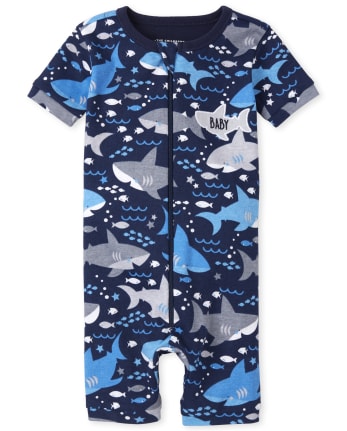 Pijama de una pieza recortado de algodón con estampado de tiburón de manga  corta a juego para bebés y niños pequeños