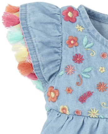 Baby Girls Embroidered Tassel Denim Tiered Dress