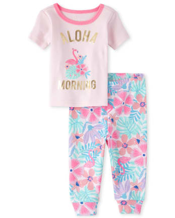 Baby And Toddler Girls Foil Aloha Flamingo Snug Fit Cotton Pajamas