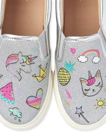 Girls Unicorn Doodle Metallic Slip On Sneakers