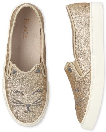 Girls Glitter Cat Slip On Sneakers