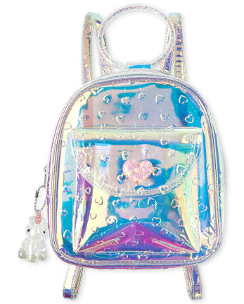 Girls Embossed Heart Holographic Mini Backpack