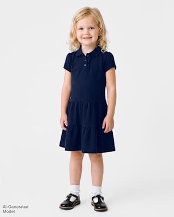 Toddler Girls Uniform Tiered Soft Pique Polo Dress - TIDAL