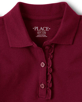 Girls Uniform Ruffle Soft Pique Polo Dress - RUBINE