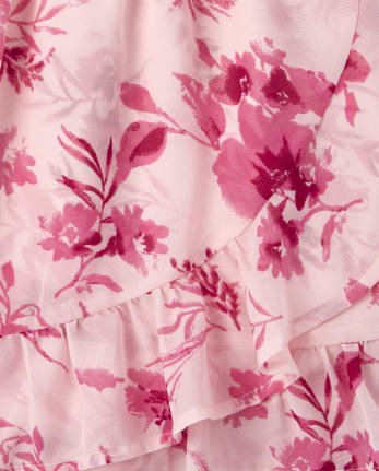 Conjunto de niñas top con volante floral y falda cruzada sintética