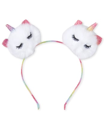 Girls Glitter Rainbow Faux Fur Unicorn Pom Pom Headband