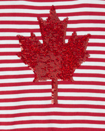 Girls Canada Day Glitter Maple Leaf Striped Ruffle Romper