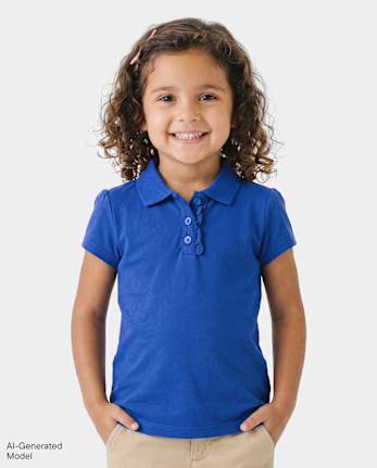 Polo de piqué con volantes de uniforme para niñas pequeñas - RENEW BLUE
