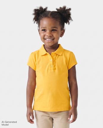 Toddler Girls Uniform Ruffle Soft Stretch Pique Polo - YELLOW PENCIL