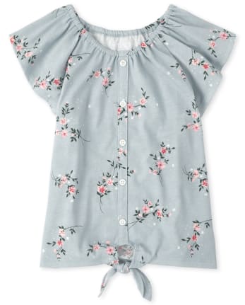 Girls Floral Button Down Tie Front Top
