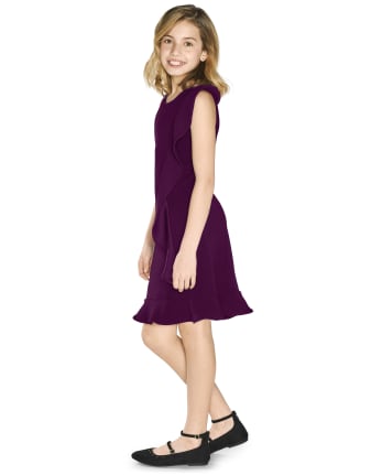 Girls Sleeveless Stretch Jacquard Knit Ruffle Dress - PURPLE