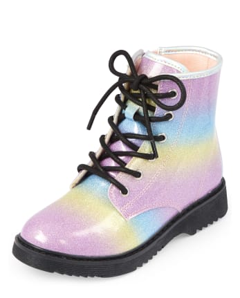 Girls Glitter Rainbow Lace Up Booties