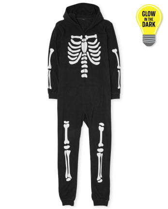 Unisex Adult Matching Family Halloween Glow Skeleton Fleece One Piece Pajamas