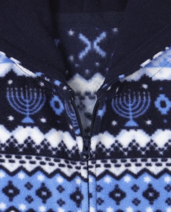 Hanukkah Kids Onesie, Menorah & Dreidel Pattern One-Piece Blue Athletic  Jumpsuit