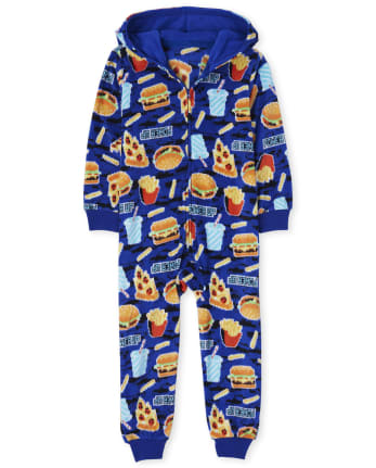 Pijama una pieza con capucha forro polar con estampado de bocadillos de manga larga para niños | The Children's Place - EDGE BLUE