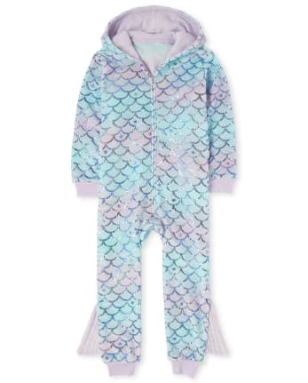 Pijama de una pieza con y forro polar con estampado de de sirena de manga larga para niñas | The Children's Place - LOVELY LAVENDER