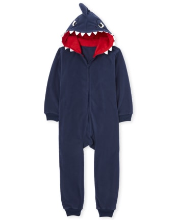 Boys Size 3-8 Navy Blue Shark Winter Fleece Hooded One Piece Jumpsuit