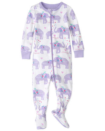 Pijama de una pieza con pie de algodón de ajuste de elefante manga larga para bebés niñas pequeñas | The Children's Place - WHITE