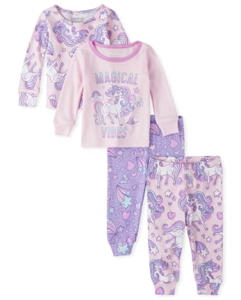 Pyjama 4 pièces en coton ajusté à manches longues licorne pour bébé et  toute-petite fille