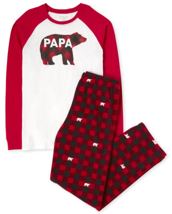 Mens Matching Family Christmas Long Raglan Sleeve Bear Buffalo Plaid Cotton Top And Fleece Pants Pajamas RED The Children s Place