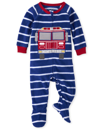 Baby And Toddler Boys Fire Truck Striped Fleece One Piece Pajamas