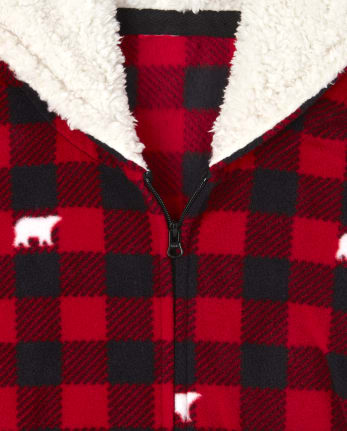 Adult Matching Family Bear Buffalo Plaid Fleece One Piece Pajamas