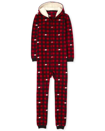 Adult Matching Family Bear Buffalo Plaid Fleece One Piece Pajamas