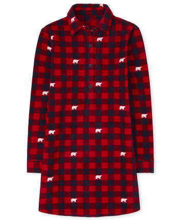 Womens Matching Family Christmas Long Sleeve Bear Buffalo Plaid Fleece Nightgown RED The Children s Place