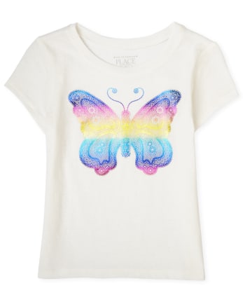Camiseta con gráfico de mariposa arcoíris para niñas pequeñas y bebés