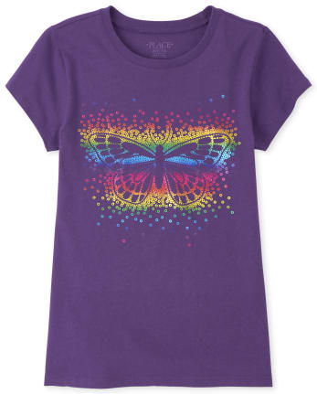 Girls Glitter Rainbow Butterfly Graphic Tee