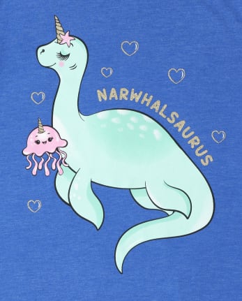 Camiseta con estampado de dinosaurio Narwhal con purpurina para niñas