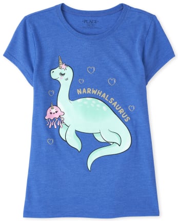 Camiseta con estampado de dinosaurio Narwhal con purpurina para niñas