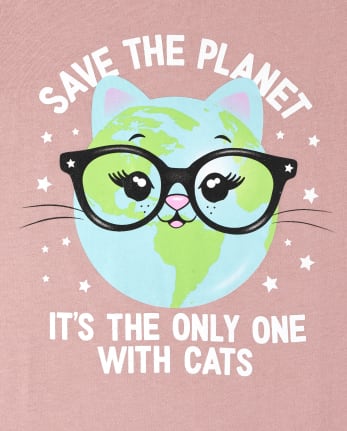 Girls Glitter Save The Planet Cat Graphic Tee