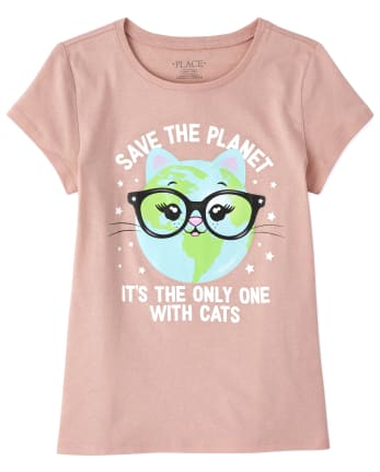 Girls Glitter Save The Planet Cat Graphic Tee