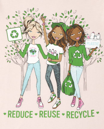 Girls Glitter Reduce Reuse Recycle Graphic Tee