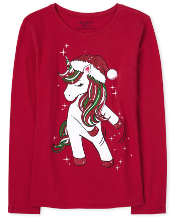 Camiseta con estampado de unicornio bailando en Navidad para niñas