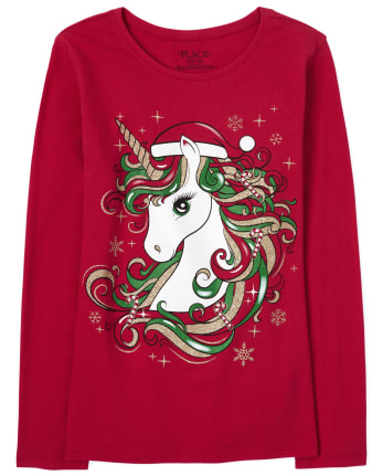 Camiseta con gráfico de unicornio con purpurina navideña para niñas
