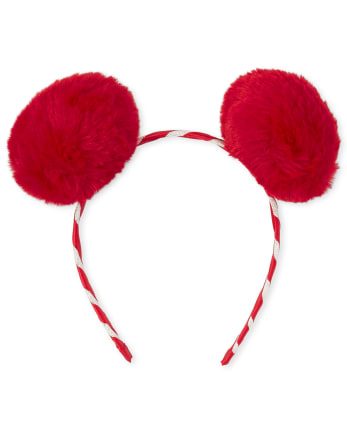 Girls Christmas Candy Cane Faux Fur Pom Pom Headband