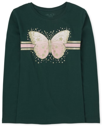 Camiseta con estampado de mariposa y purpurina para niñas