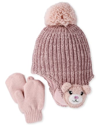 Toddler Girls Critter Hat And Mittens Set