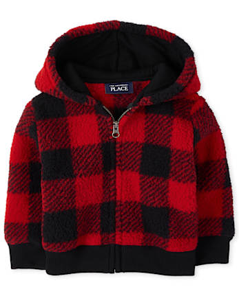 Toddler Boys Buffalo Plaid Sherpa Cozy Zip Up Hoodie
