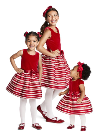 Girls Velour Candy Cane Striped Knit To Woven Dress