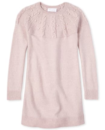 Girls Faux Pearl Cable Knit Sweater Dress