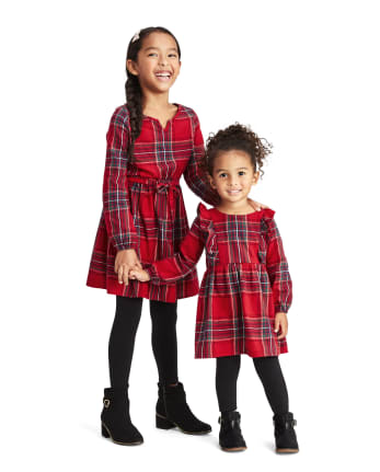 Girls Matching Family Plaid Peasant Dress
